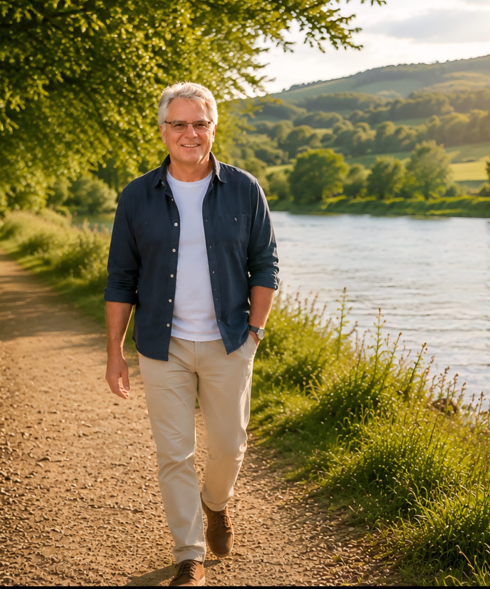 A confident man walking along a riverside path in golden afternoon light, representing renewed strength, independence and recovery